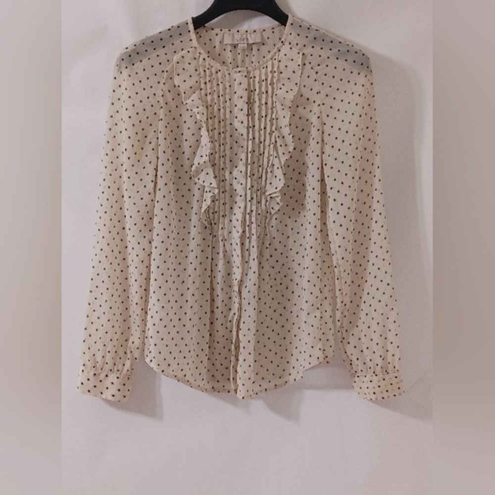 LOFT Ann Taylor Sheer Button Up, Star Print Pleated Ruffle, Long Sleeve, Small
